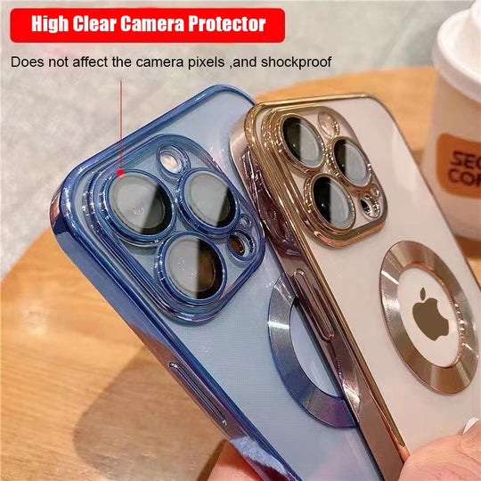 Luxury Transparent Plating Logo Hole Case for iPhone 11 Pro Max Camera Protector Cover for iPhone 12 13 14 Pro Max Xs X 7 8 Plus