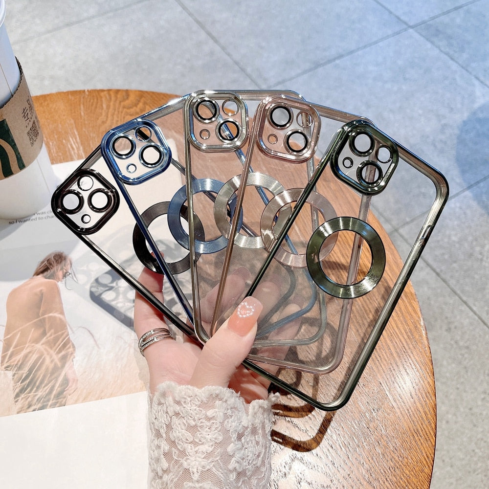 Luxury Transparent Plating Logo Hole Case for iPhone 11 Pro Max Camera Protector Cover for iPhone 12 13 14 Pro Max Xs X 7 8 Plus