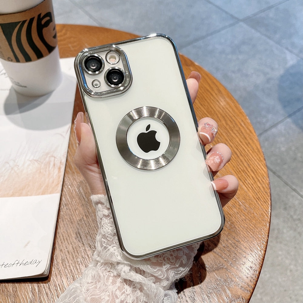 Luxury Transparent Plating Logo Hole Case for iPhone 11 Pro Max Camera Protector Cover for iPhone 12 13 14 Pro Max Xs X 7 8 Plus