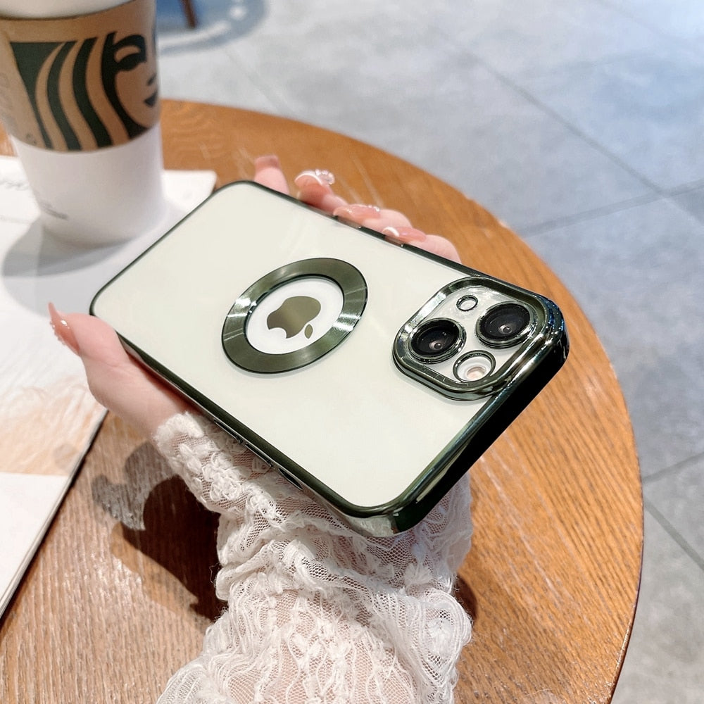 Luxury Transparent Plating Logo Hole Case for iPhone 11 Pro Max Camera Protector Cover for iPhone 12 13 14 Pro Max Xs X 7 8 Plus